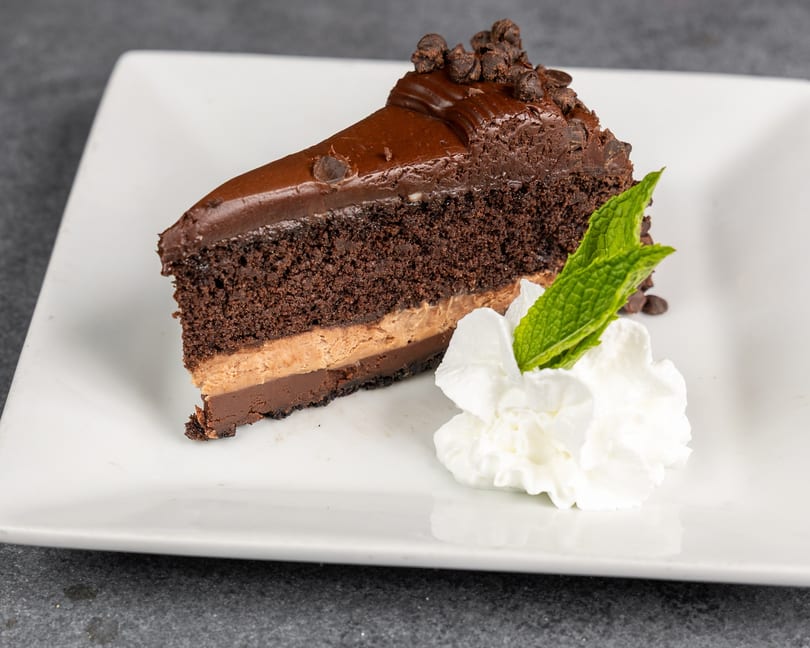 Slice of chocolate cake with peanut butter and chocolate layers, whipped cream, and mint on a white plate.