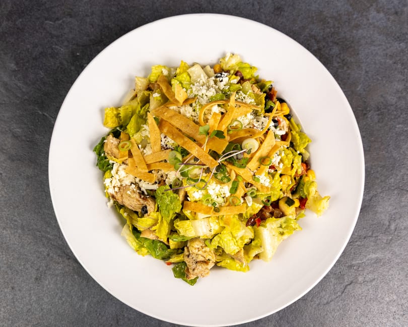 Overhead view of a vibrant salad with lettuce, chicken, corn, cheese, and tortilla strips on a white plate.