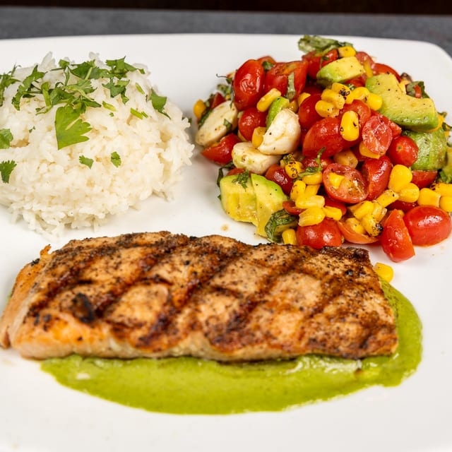 Grilled Salmon with Basil Sauce.
